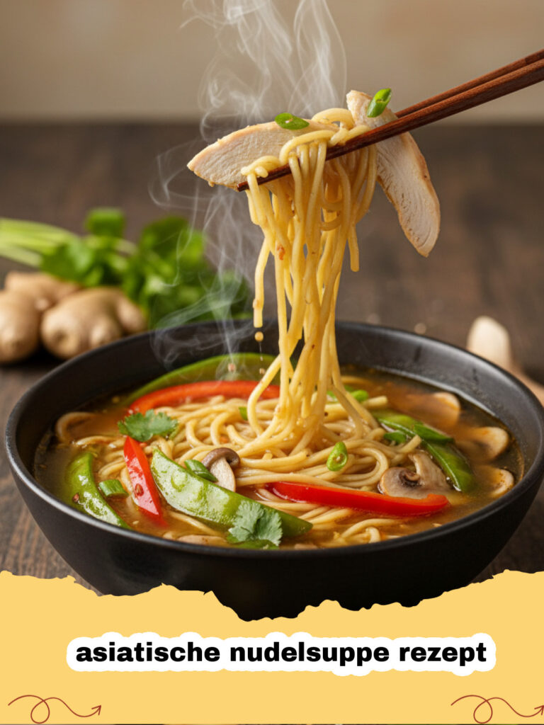 asiatische nudelsuppe rezept - Eine dampfende Schüssel asiatische Nudelsuppe mit Stäbchen und frischen Kräutern.
