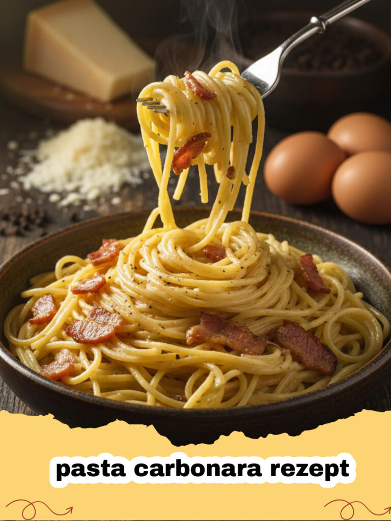 pasta carbonara rezept - Ein Teller mit cremiger Pasta Carbonara bestreut mit schwarzem Pfeffer und Pecorino.