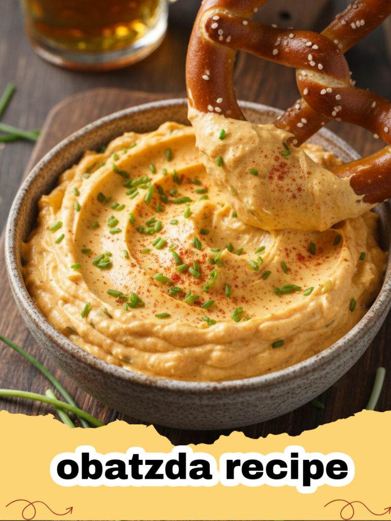 obatzda recipe - Frisch zubereiteter bayerischer Obatzda mit Schnittlauch und Zwiebelringen auf einem Holzteller