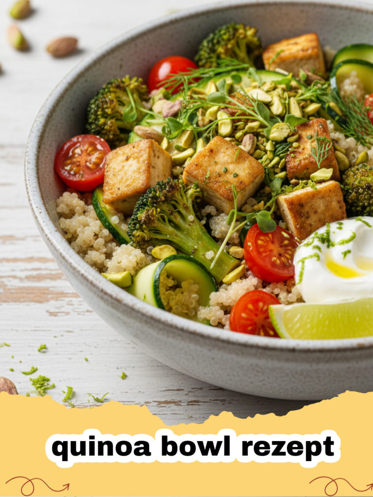 quinoa bowl rezept - Eine bunte Quinoa Bowl mit Avocado, Kichererbsen und frischem Gemüse in einer Keramikschüssel.