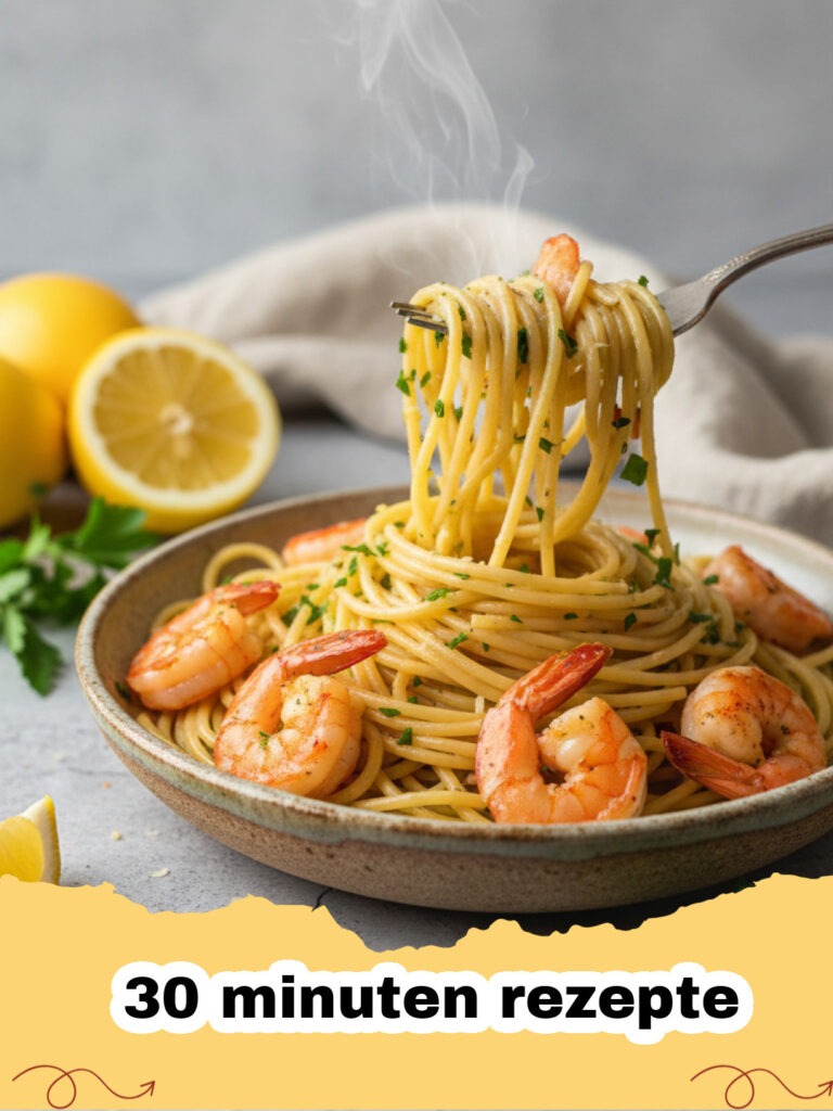 30 minuten rezepte - Ein Teller mit cremiger Zitronen-Pasta, garniert mit frischen Kräutern und Parmesan.