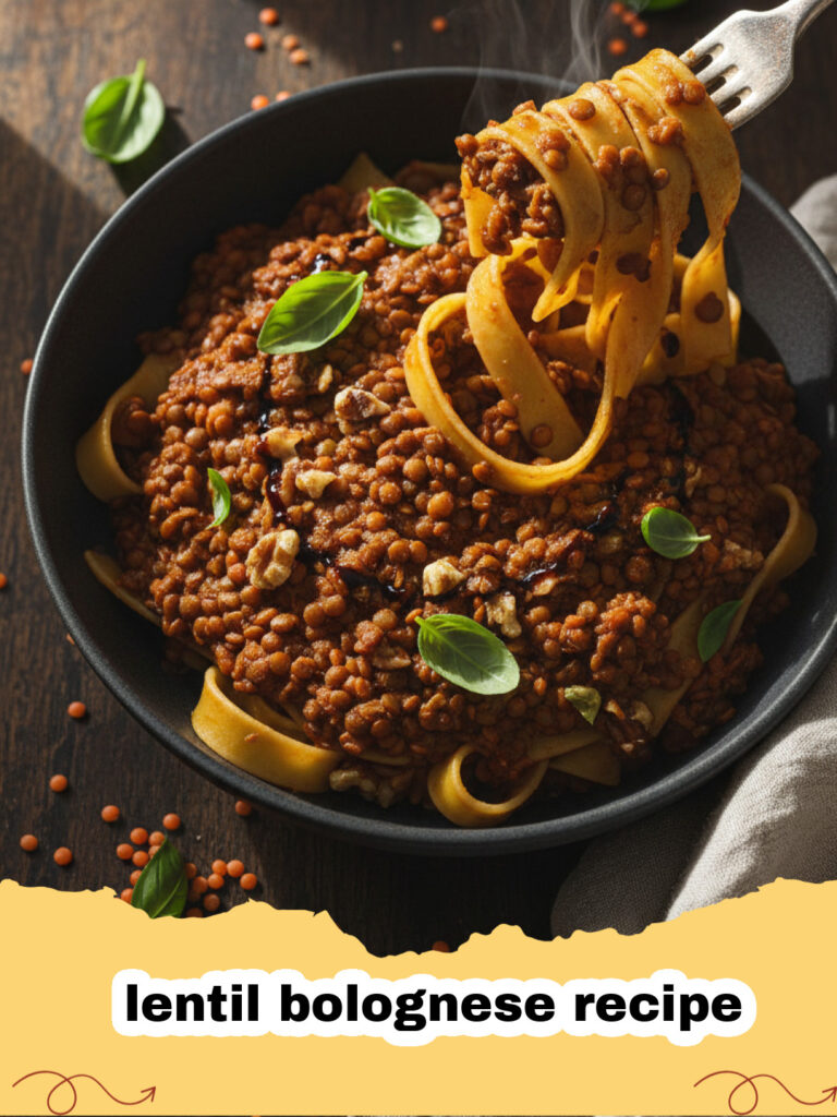 lentil bolognese recipe - Ein Teller Spaghetti mit herzhafter Linsenbolognese und frischem Basilikum.