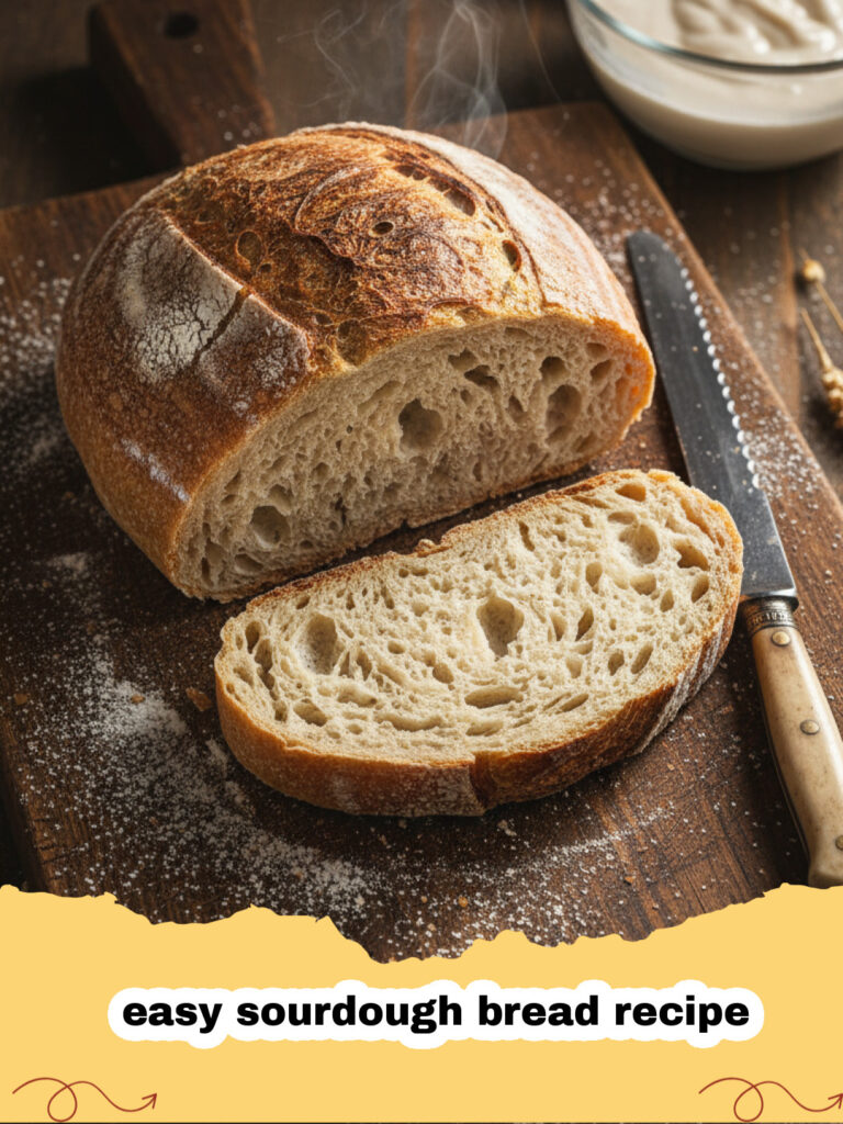 easy sourdough bread recipe - Frisch gebackenes Sauerteigbrot auf einem Holzbrett