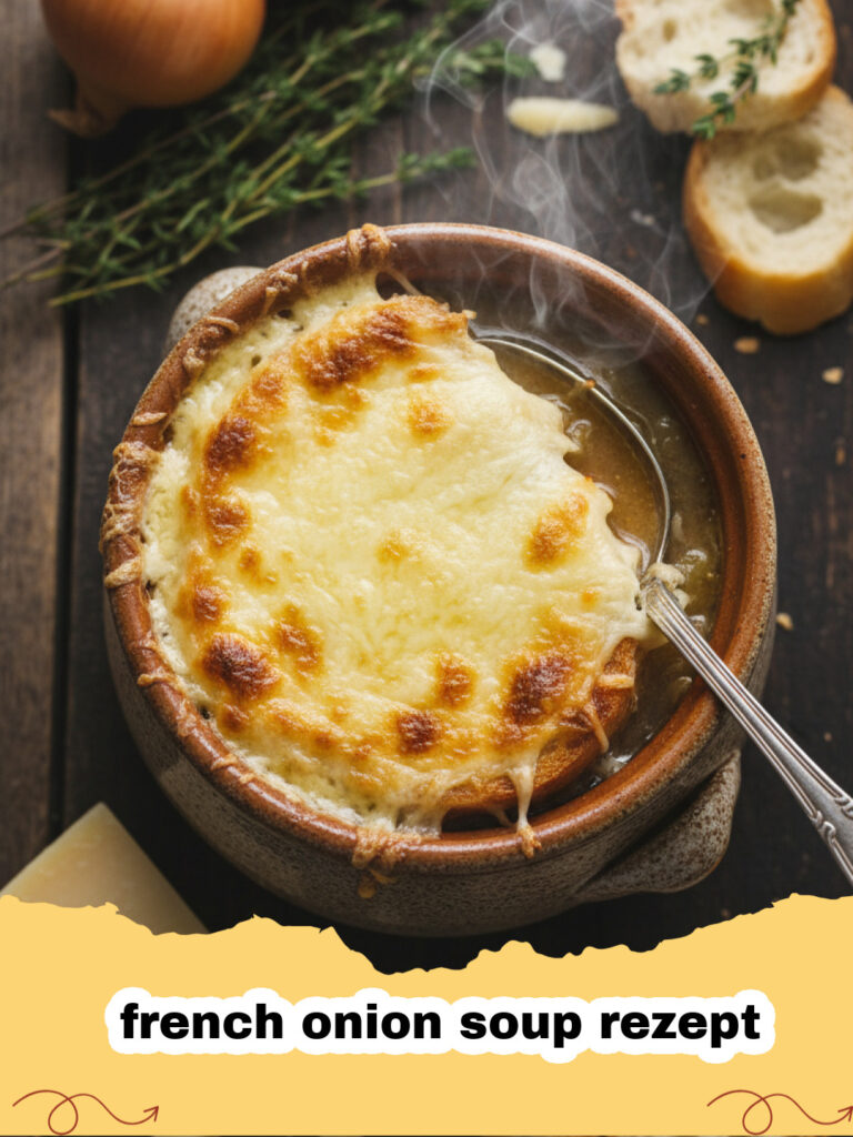 french onion soup rezept - Eine dampfende Schale klassische französische Zwiebelsuppe mit geschmolzenem Käse und Baguette obenauf.