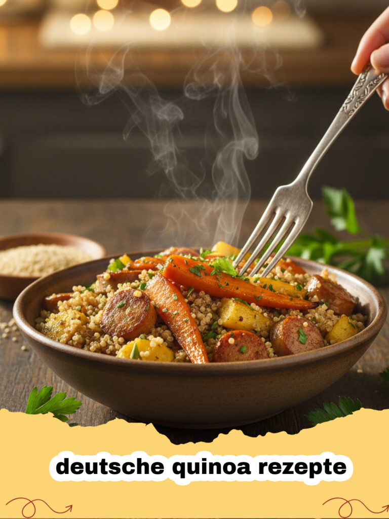deutsche quinoa rezepte - Eine bunte Pfanne mit Quinoa, Karotten und Lauch garniert mit Petersilie