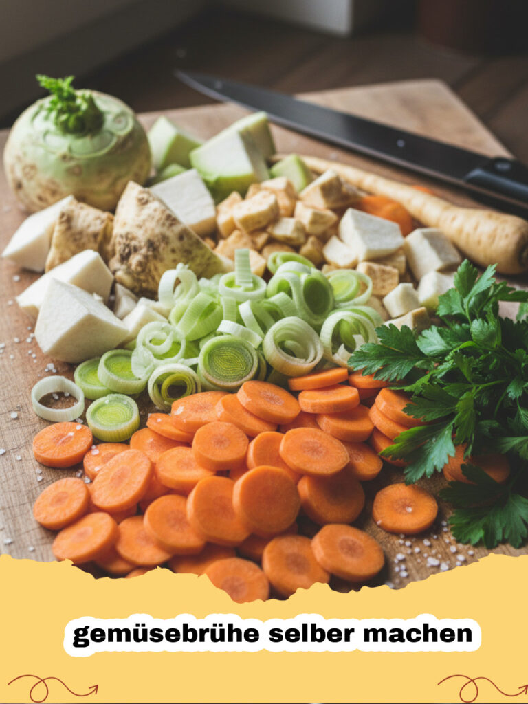 gemüsebrühe selber machen - Frische hausgemachte Gemüsebrühe in einem Glas neben frischem Suppengemüse.