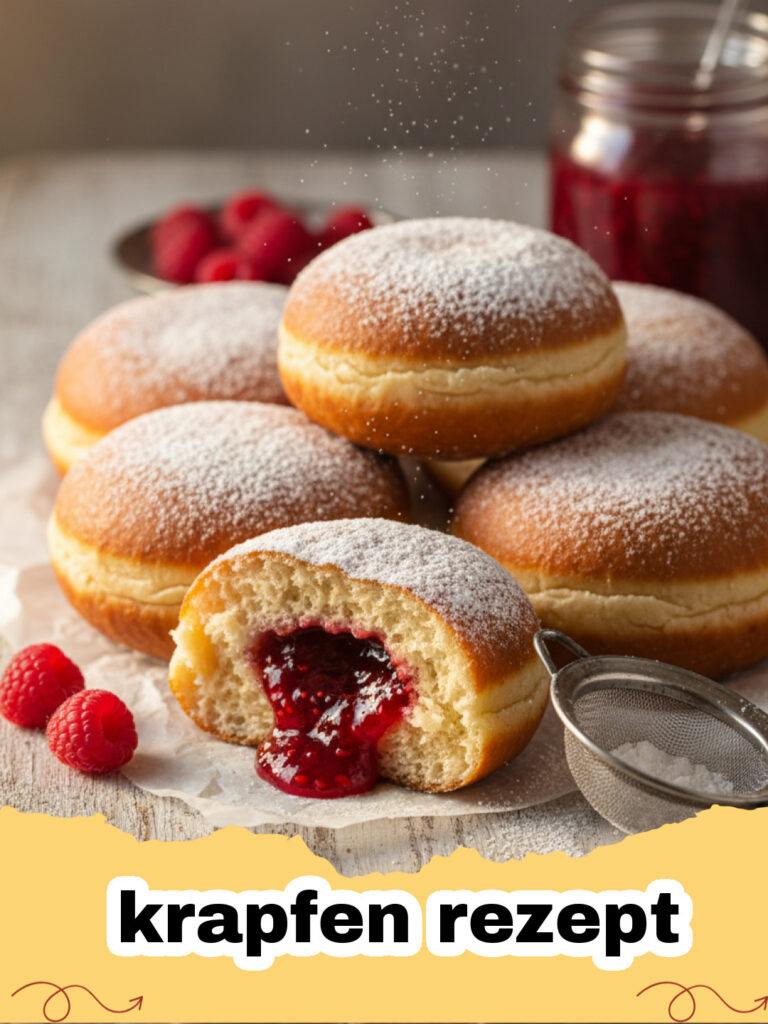 krapfen rezept - Frisch gebackene Krapfen mit Puderzucker und Marmeladenfüllung auf einem Teller