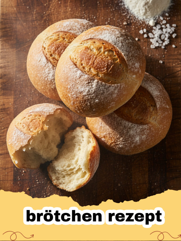 brötchen rezept - Frisch gebackene goldbraune Brötchen auf einem Holzbrett