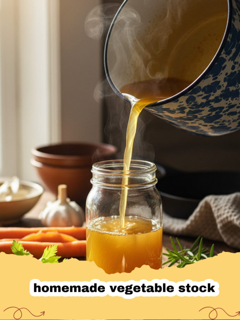 homemade vegetable stock - Ein großer Topf mit dampfender goldener hausgemachter Gemüsebrühe und frischem Gemüse daneben.