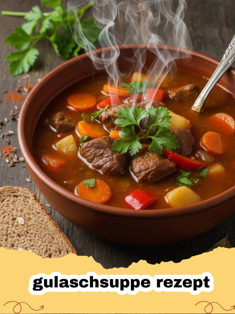 gulaschsuppe rezept - Dampfende Schüssel mit klassischer Gulaschsuppe und Brot