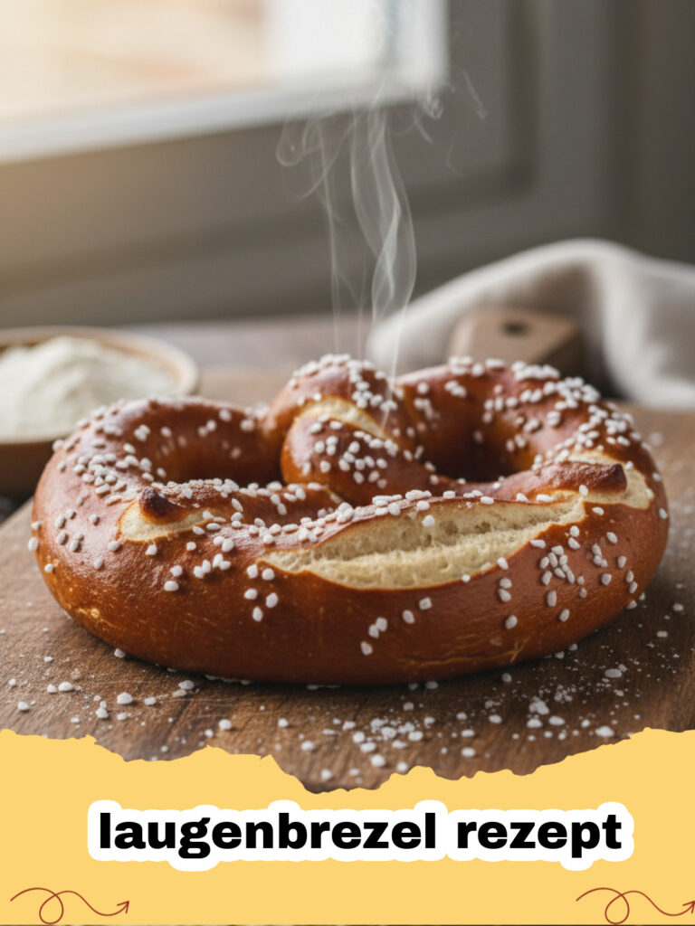 laugenbrezel rezept - Frisch gebackene goldbraune Laugenbrezeln auf einem Backblech mit grobem Salz