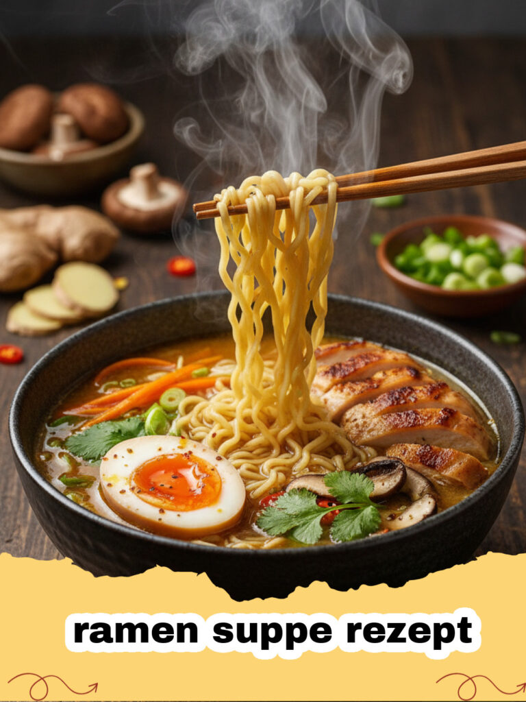 ramen suppe rezept - Eine dampfende Schüssel Ramen Suppe mit Ei, Pilzen und Frühlingszwiebeln