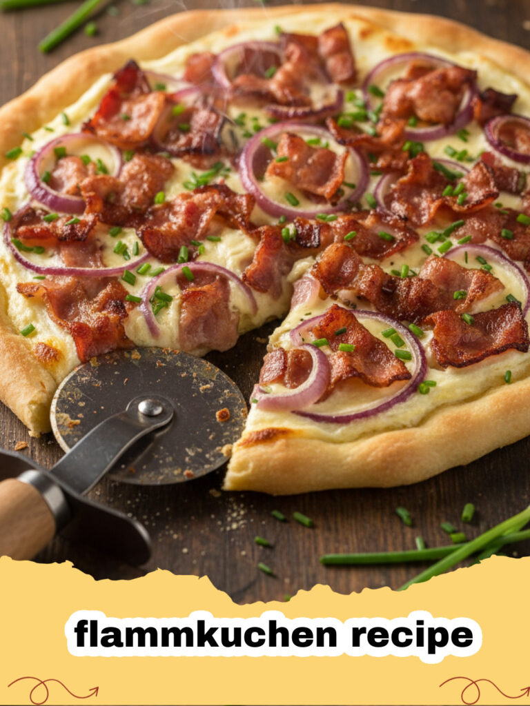 flammkuchen recipe - Frisch gebackener Elsässer Flammkuchen auf einem Holzbrett