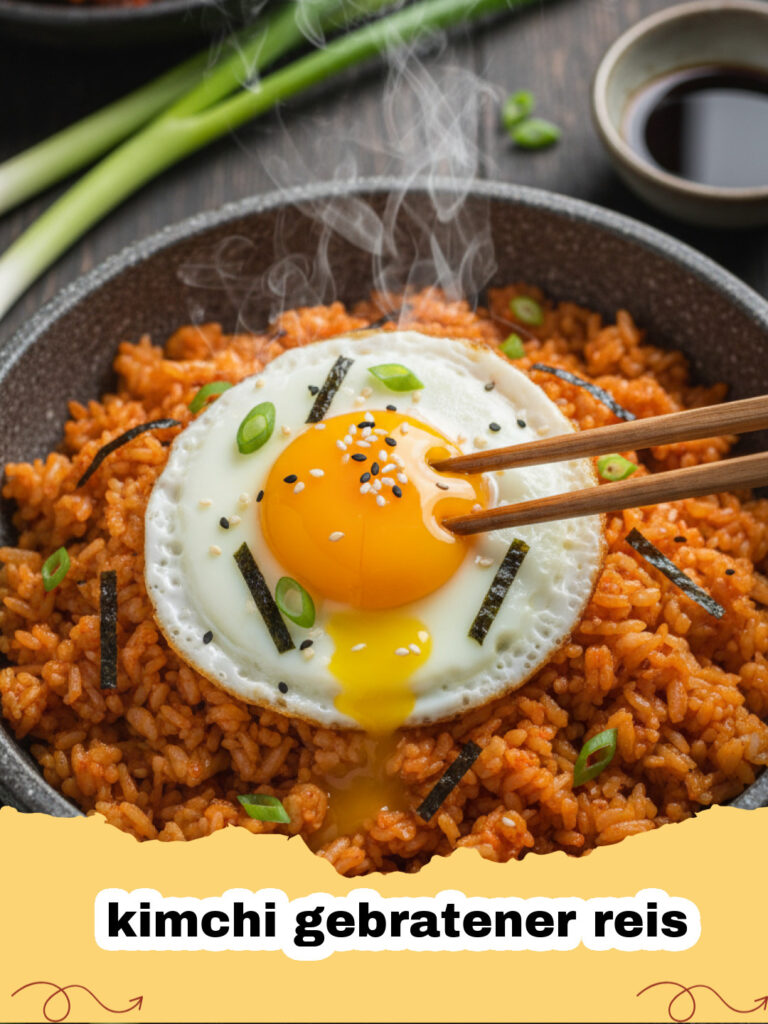 kimchi gebratener reis - Ein Teller mit würzigem Kimchi gebratenem Reis, garniert mit einem Spiegelei und Frühlingszwiebeln.