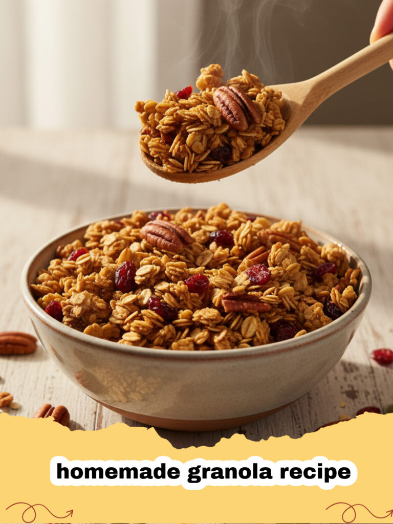 homemade granola recipe - Frisch gebackenes knuspriges Granola auf einem Backblech