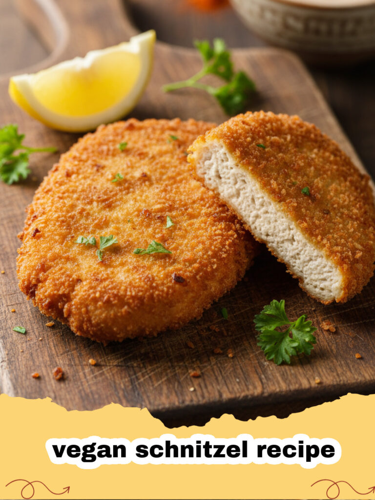 vegan schnitzel recipe - Knusprig gebratenes veganes Schnitzel auf einem Teller mit Zitrone