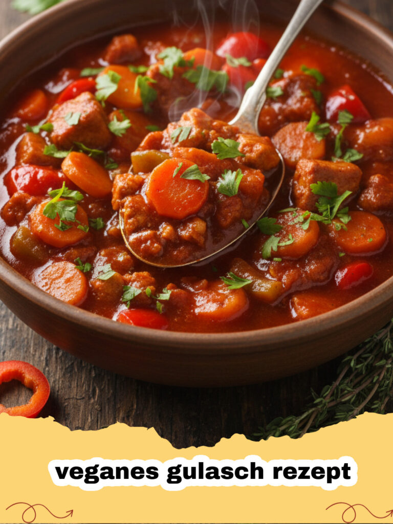 veganes gulasch rezept - Ein Teller mit dampfendem veganem Gulasch und Spätzle