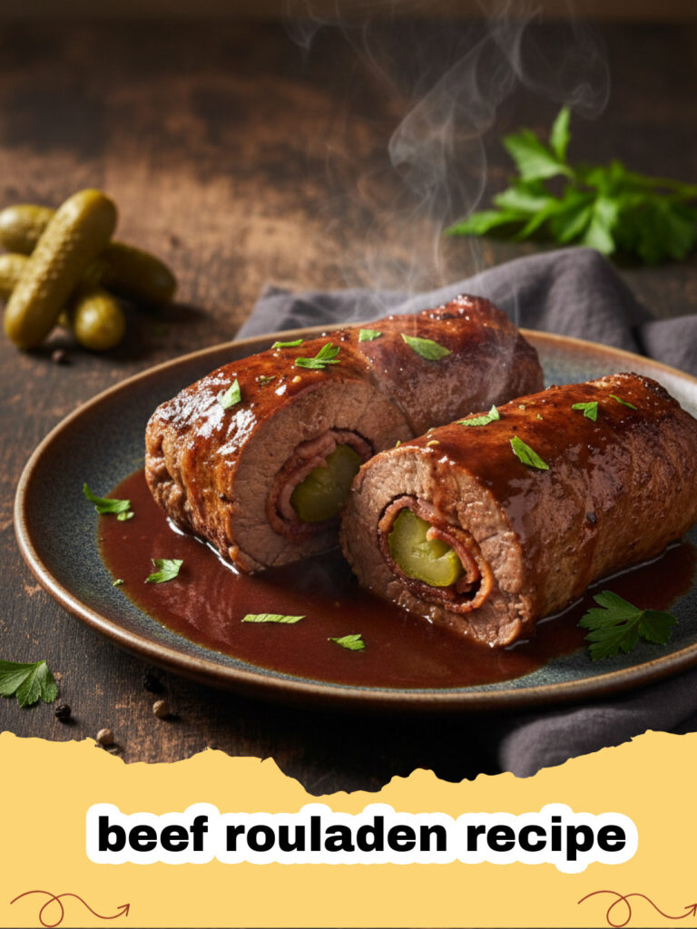 beef rouladen recipe - Frisch zubereitete Rinderrouladen in dunkler Sauce mit Kartoffelknödeln