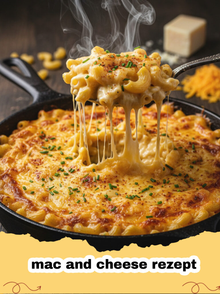 mac and cheese rezept - Ein Teller mit dampfendem, cremigem Mac and Cheese und einer goldbraunen Käsekruste.