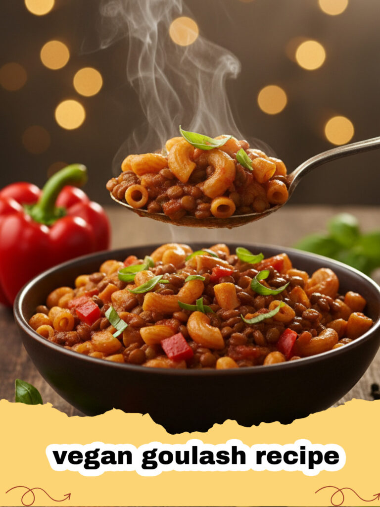 Ein Teller mit dampfendem vegan goulash recipe serviert mit Nudeln