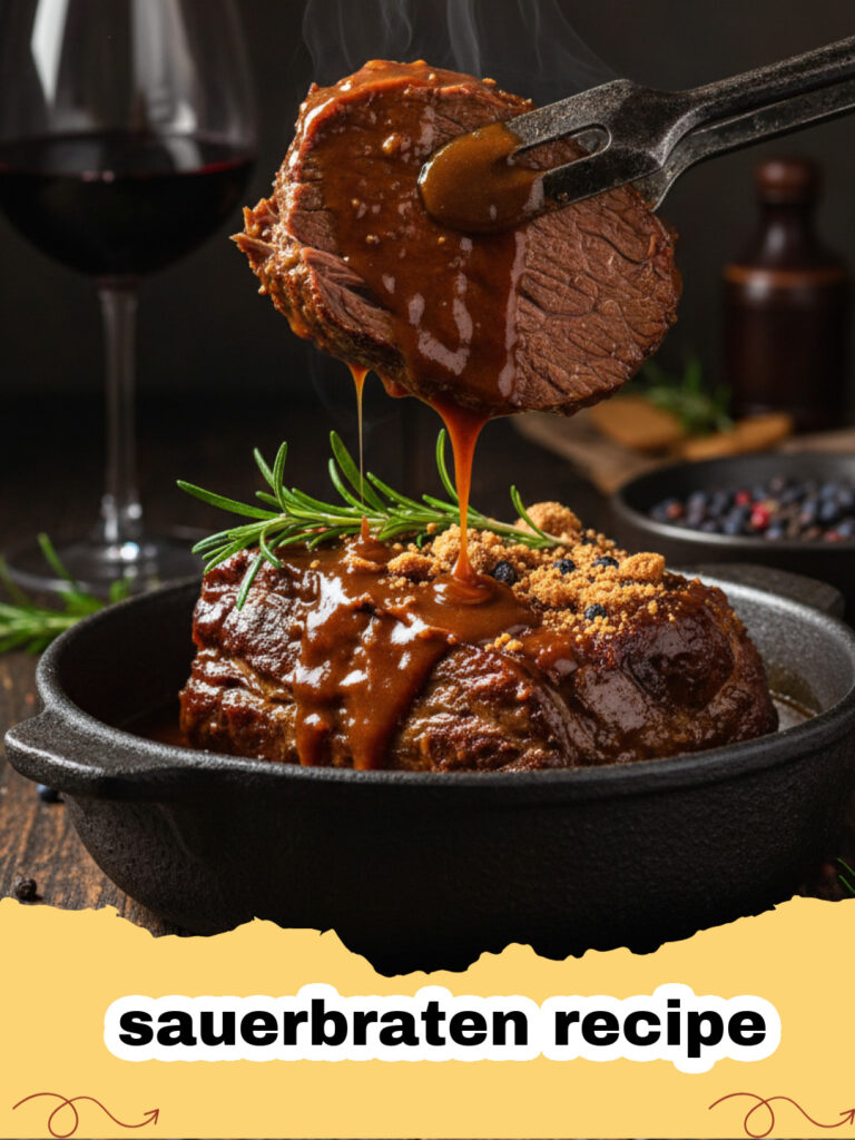 sauerbraten recipe - Ein Teller mit zartem Sauerbraten, Kartoffelklößen und Rotkohl