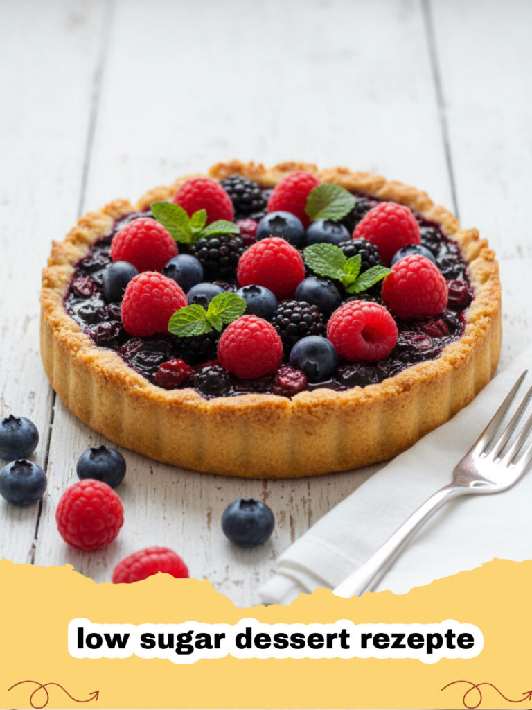 low sugar dessert rezepte - Ein Stück saftiger Low Sugar Beeren-Joghurt-Kuchen auf einem weißen Teller