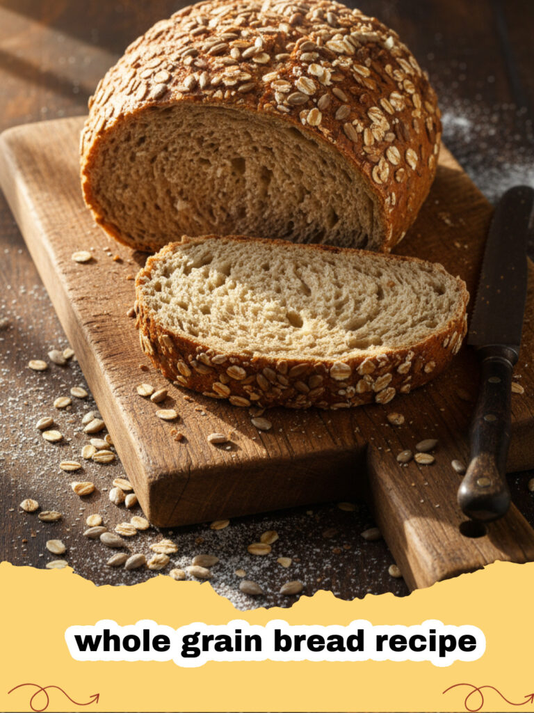 whole grain bread recipe - Frisch gebackenes Vollkornbrot auf einem Holzbrett mit Kernen