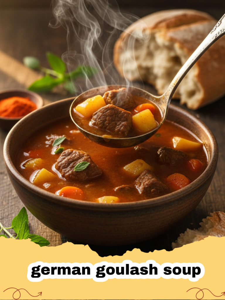 Eine dampfende Schüssel german goulash soup mit frischem Brot
