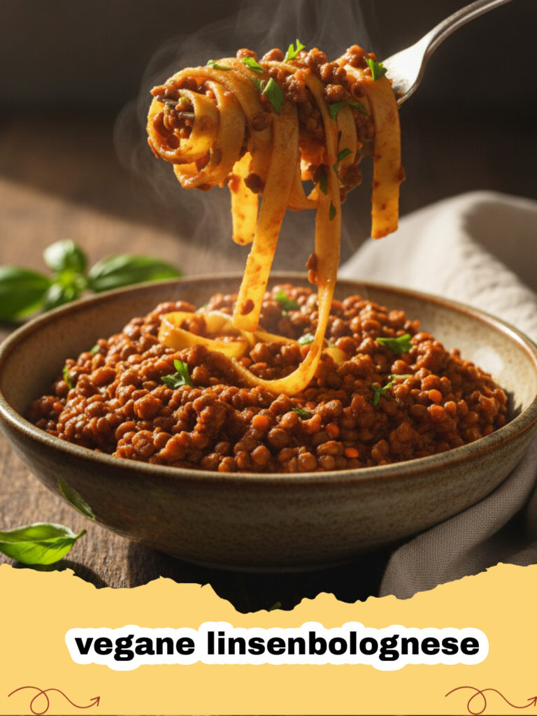 vegane linsenbolognese - Eine Schale Spaghetti mit veganer Linsenbolognese und frischen Kräutern obenauf.