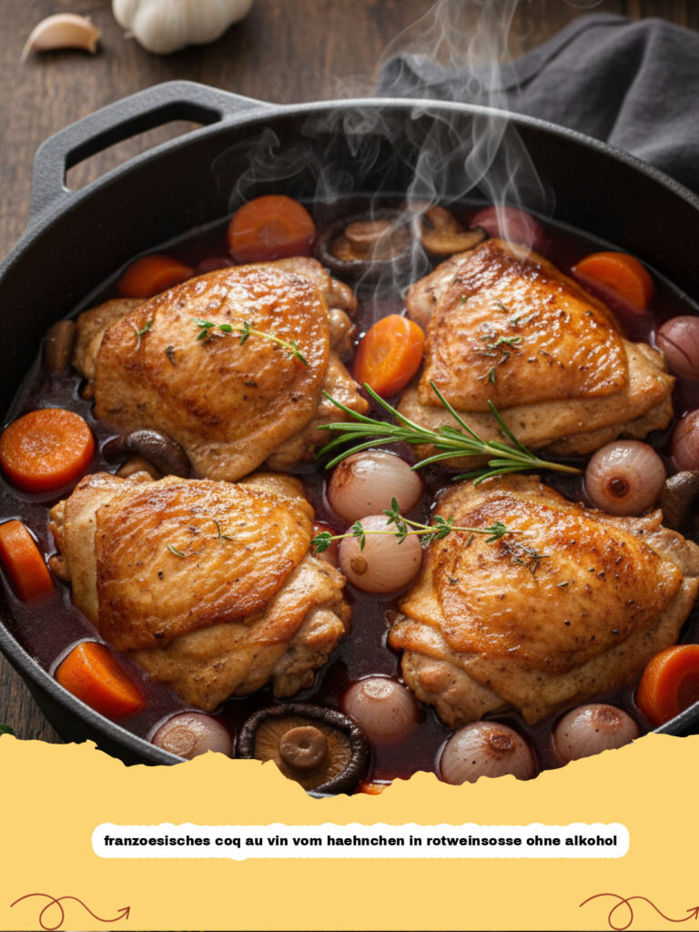 Ein dampfender Topf franzoesisches coq au vin vom haehnchen in rotweinsosse ohne alkohol mit Pilzen und Zwiebeln