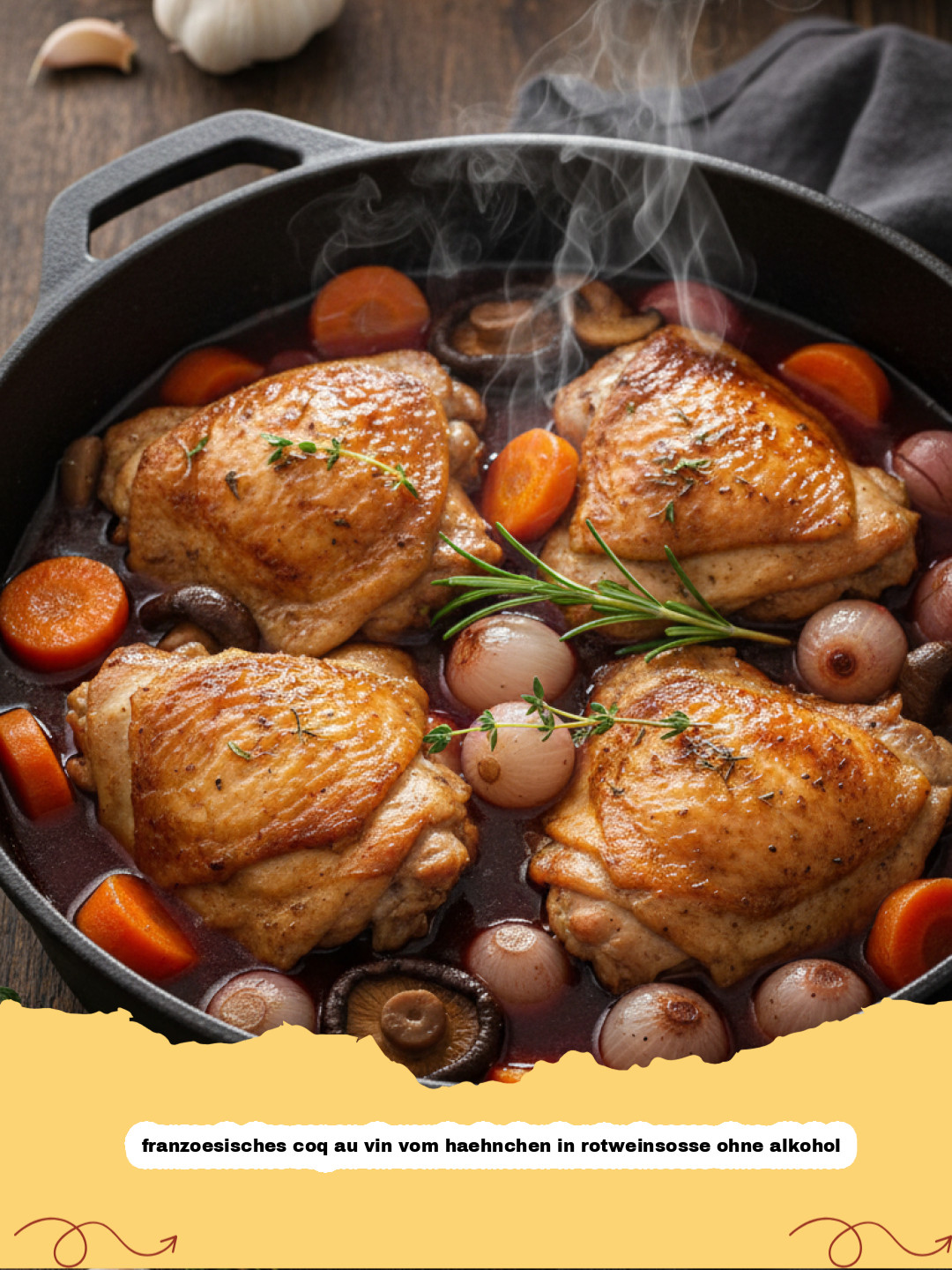 Herzhaftes franzoesisches Coq au Vin vom Haehnchen in Rotweinsosse ohne Alkohol