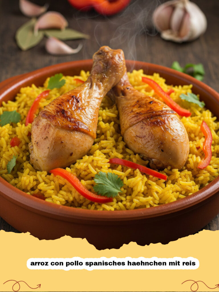 Ein köstliches arroz con pollo spanisches haehnchen mit reis in einer Pfanne garniert mit Petersilie und Zitrone