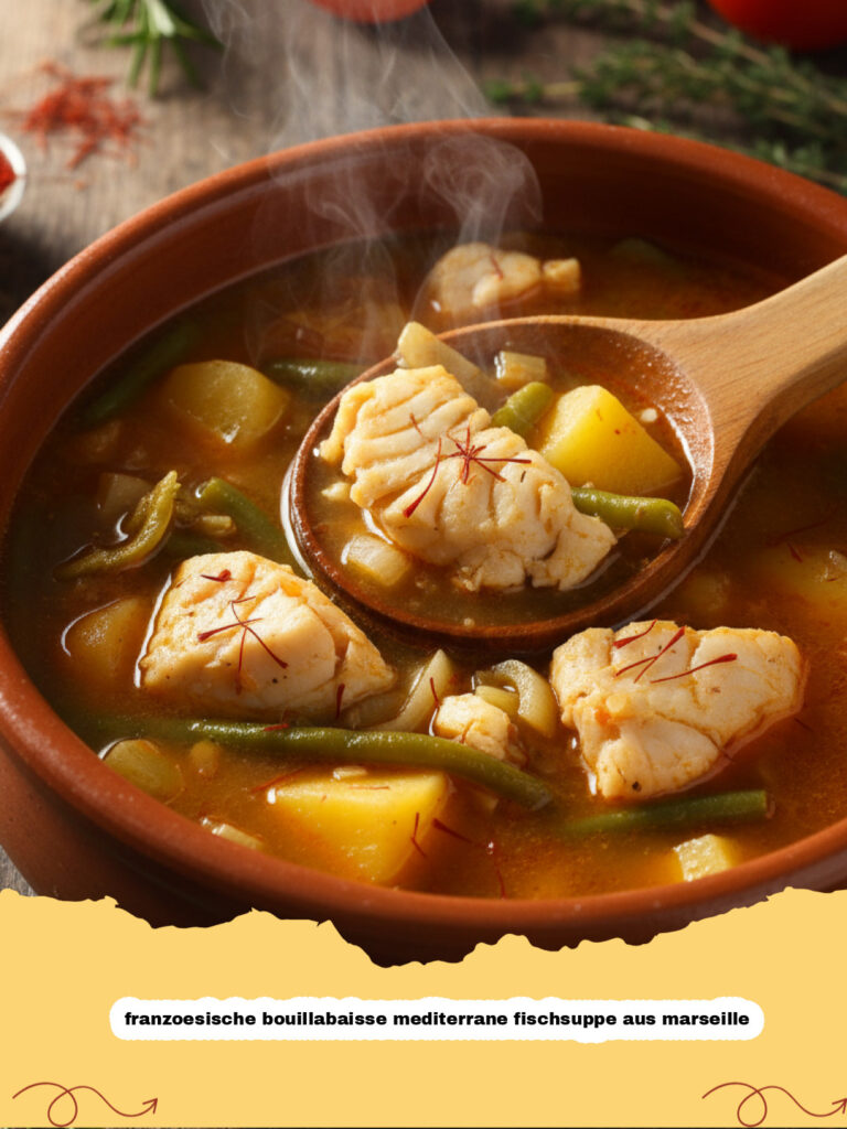 franzoesische bouillabaisse mediterrane fischsuppe aus marseille - Franzoesische Bouillabaisse mediterrane Fischsuppe aus Marseille in einem großen Topf mit Saffran und Kräutern