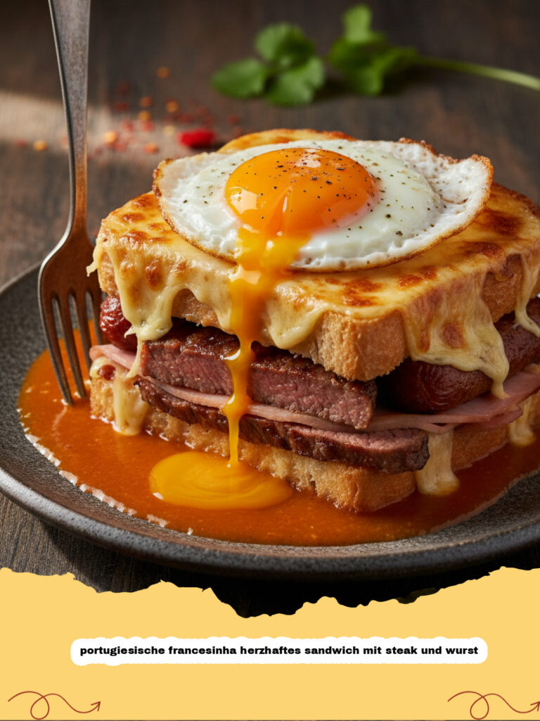 portugiesische francesinha herzhaftes sandwich mit steak und wurst - Portugiesische Francesinha Sandwich mit viel Sauce und Käse