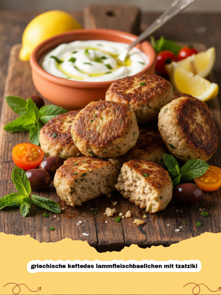 griechische keftedes lammfleischbaellchen mit tzatziki - Griechische Keftedes Lammfleischbällchen auf einem Teller mit einer Schale Tzatziki daneben
