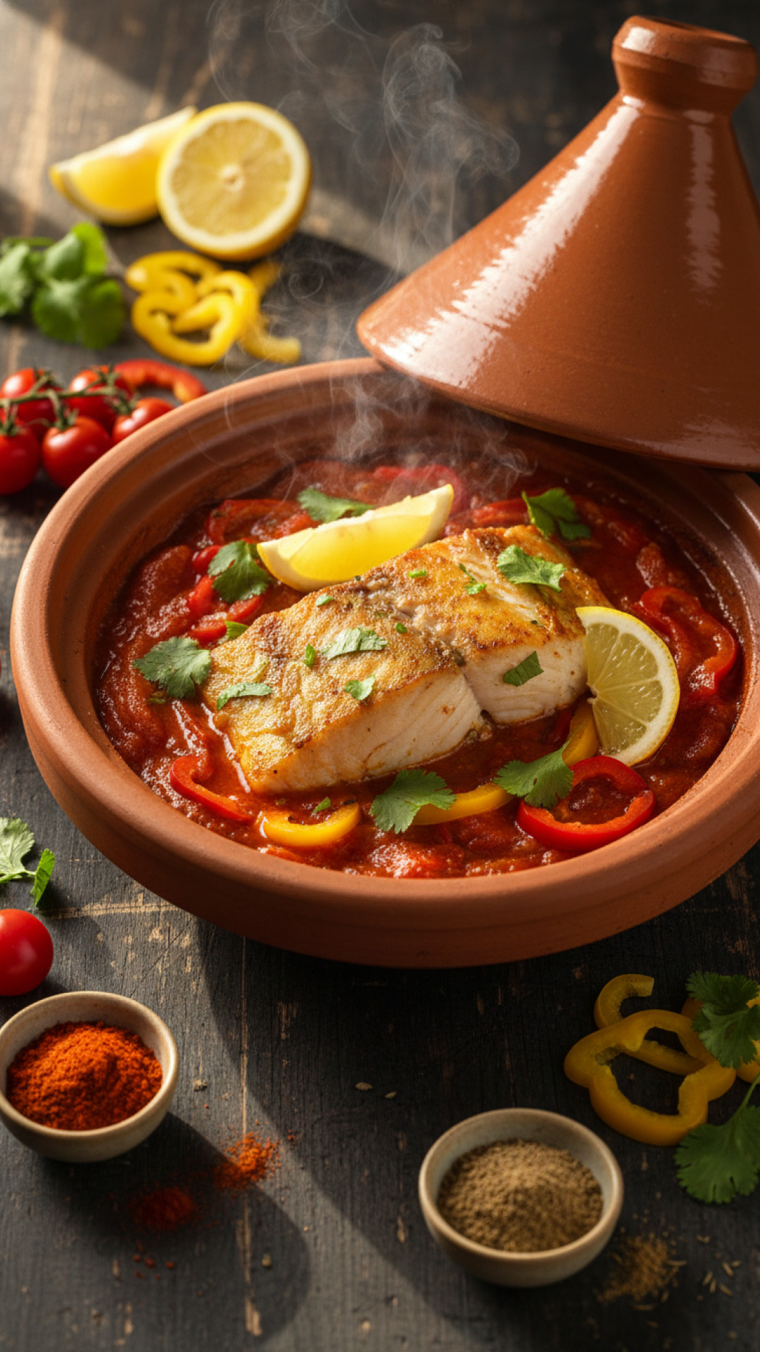 Authentische Marokkanischer Fisch Tagine mit Tomaten und Paprika Preparation