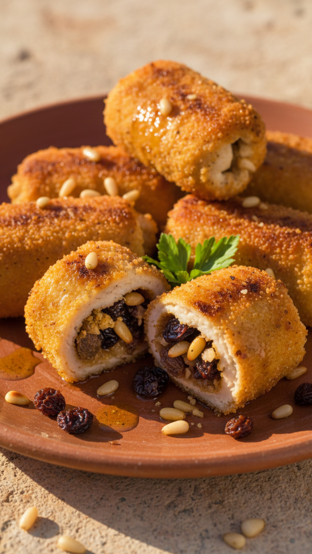 Authentische sizilianische Schwertfisch Röllchen mit Pinienkernen und Rosinen Preparation