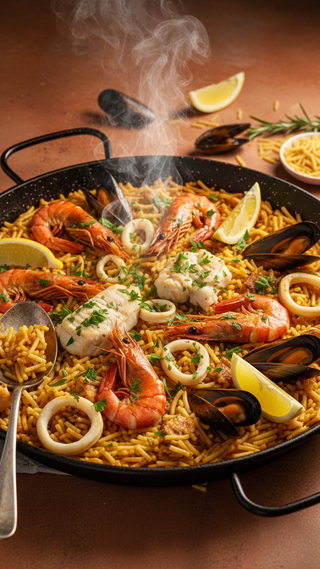 Authentische spanische Fideua Nudelpfanne mit Fisch und Meeresfrüchten Preparation