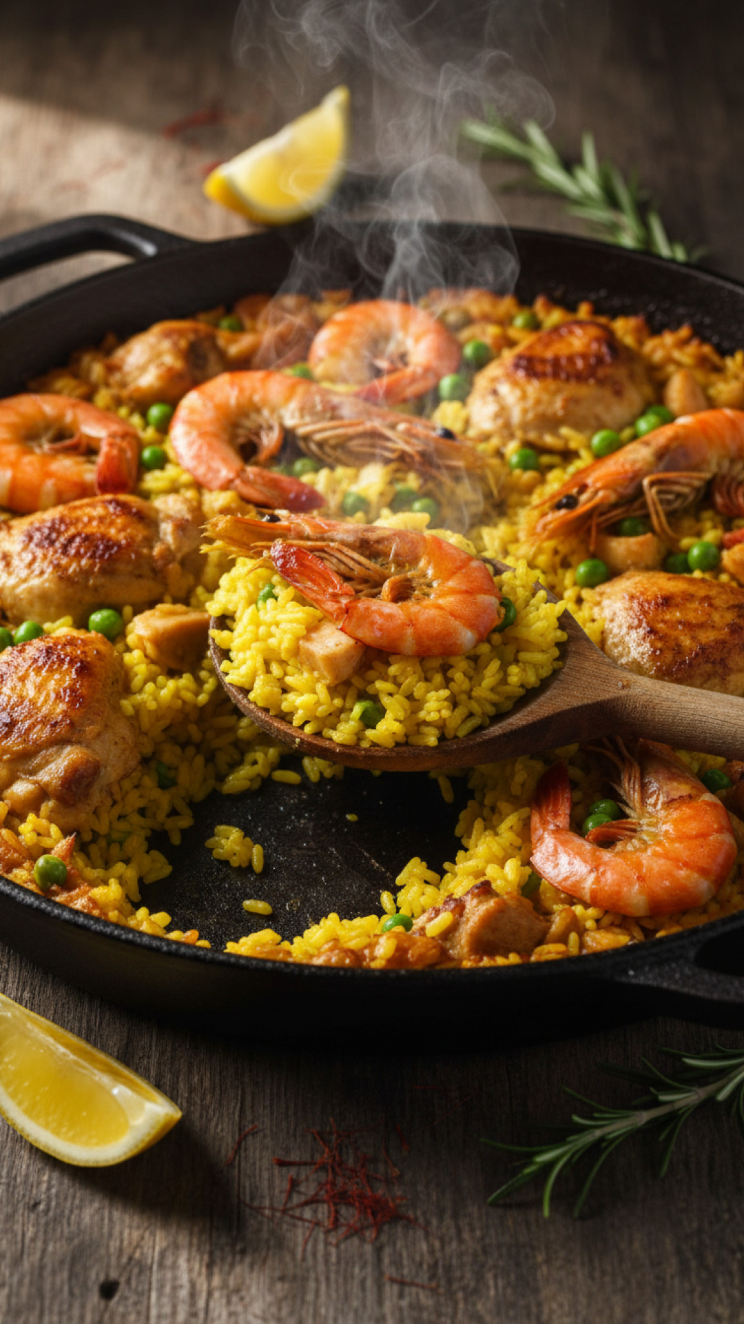 Authentische Spanische Hähnchen Paella aus der Pfanne Preparation