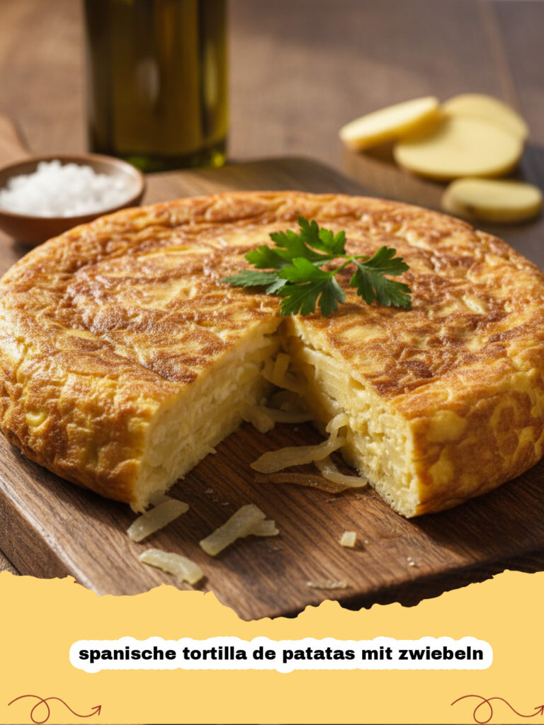 Frisch zubereitete spanische tortilla de patatas mit zwiebeln auf einem rustikalen Holztisch