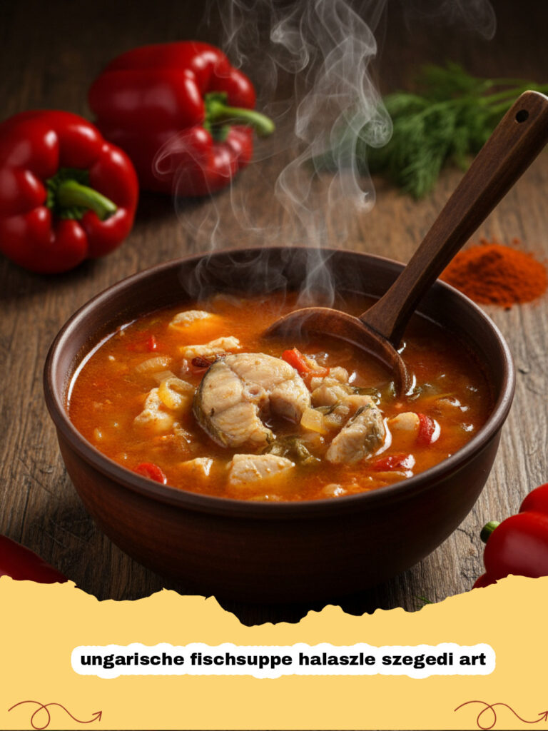 ungarische fischsuppe halaszle szegedi art - Ungarische Fischsuppe Halászlé Szegedi Art in einem traditionellen Kessel serviert