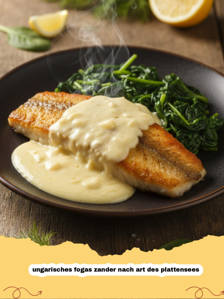 ungarisches fogas zander nach art des plattensees - Ein Teller mit ungarischem Fogas Zander nach Art des Plattensees, garniert mit Dill und Zitrone