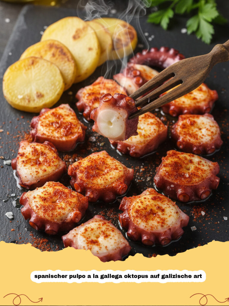 Servierfertiger spanischer pulpo a la gallega oktopus auf galizische art auf einem Holzteller mit Kartoffeln und Paprikapulver