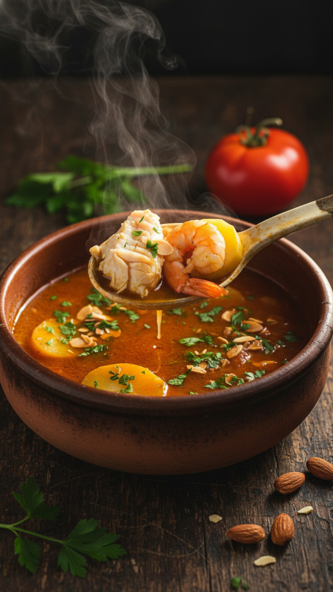 Authentischer spanischer Fischtopf Suquet de Peix mit Kartoffeln und Mandeln Preparation