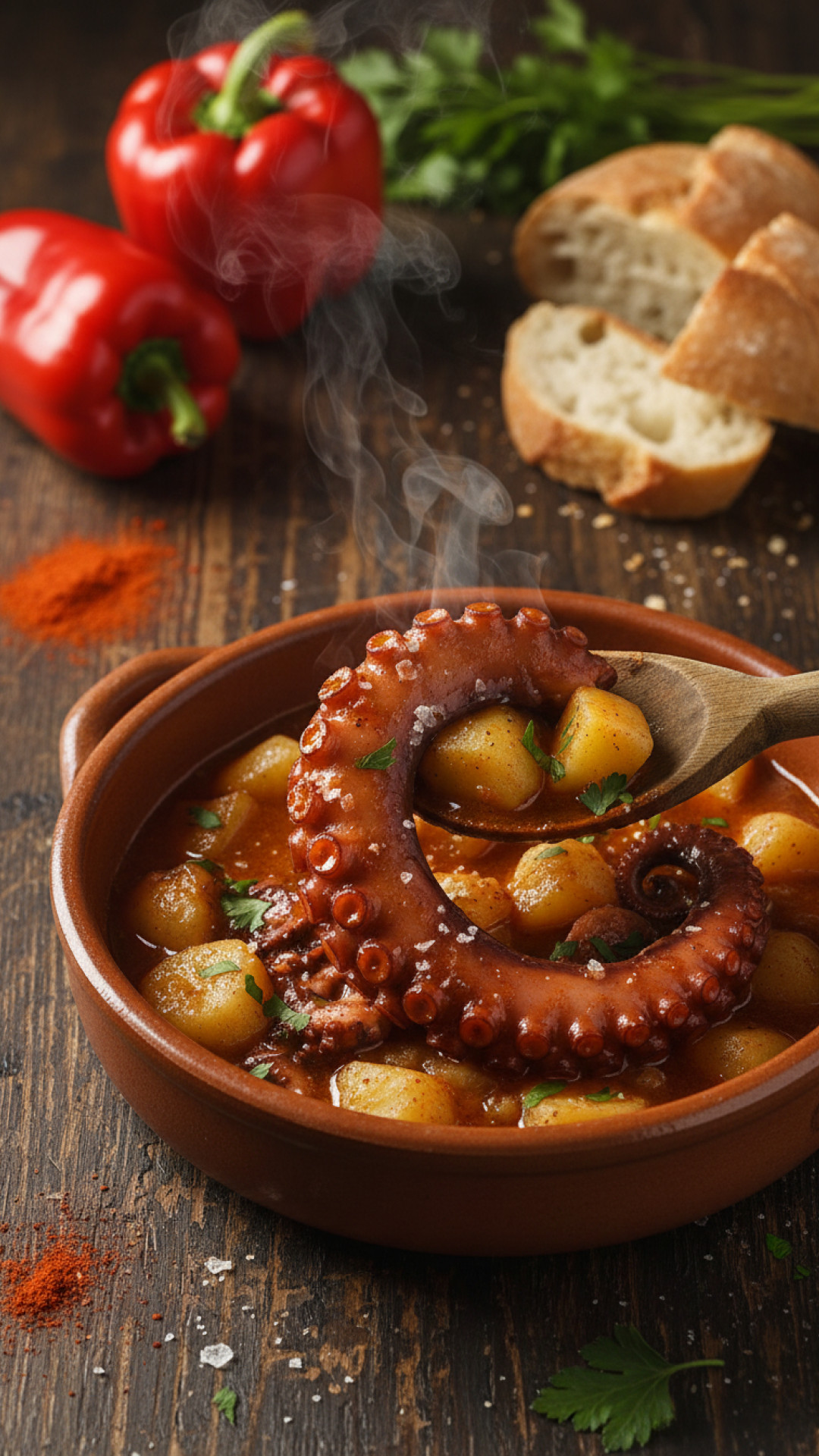 Authentischer spanischer Tintenfisch Eintopf mit Kartoffeln und Paprika Preparation