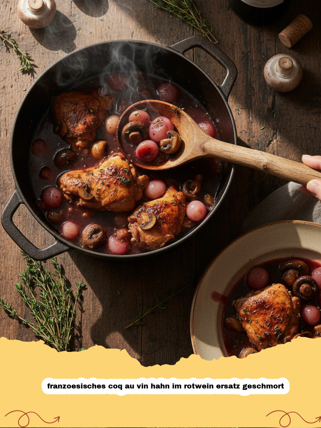 Ein dampfender Topf franzoesisches coq au vin hahn im rotwein ersatz geschmort mit dunkler Soße und Kräutern