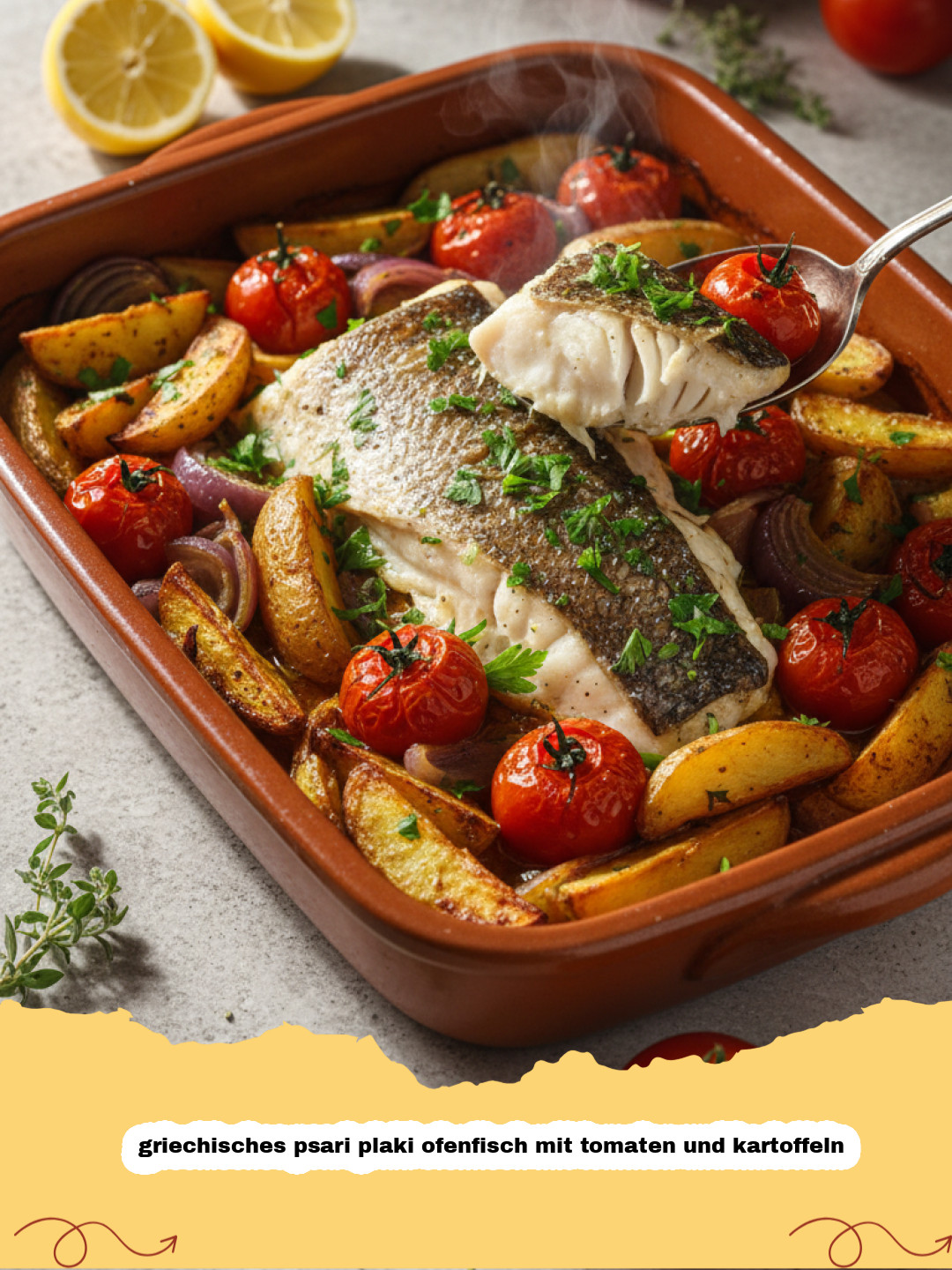 Griechisches Psari Plaki: Saftiger Ofenfisch mit Tomaten und Kartoffeln