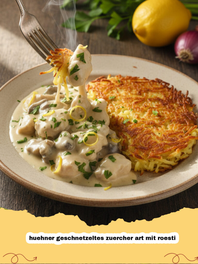 huehner geschnetzeltes zuercher art mit roesti - Huehner geschnetzeltes zuercher art mit roesti auf einem Teller serviert