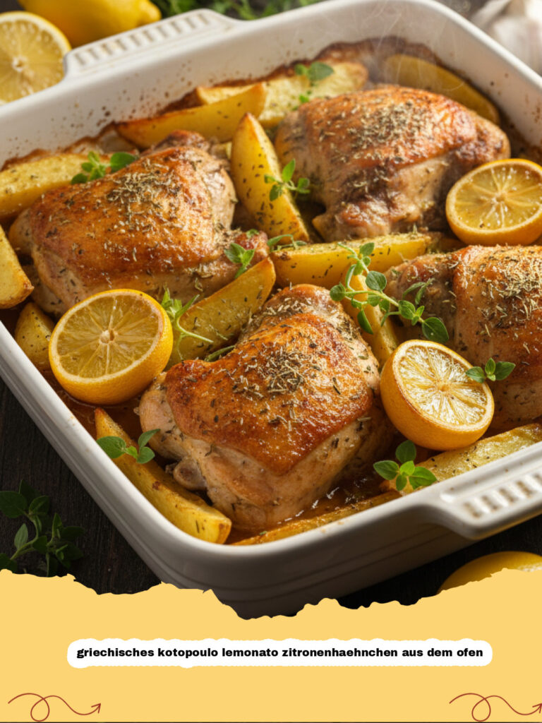griechisches kotopoulo lemonato zitronenhaehnchen aus dem ofen - Griechisches Kotopoulo Lemonato Zitronenhähnchen mit Kartoffeln in einer Auflaufform