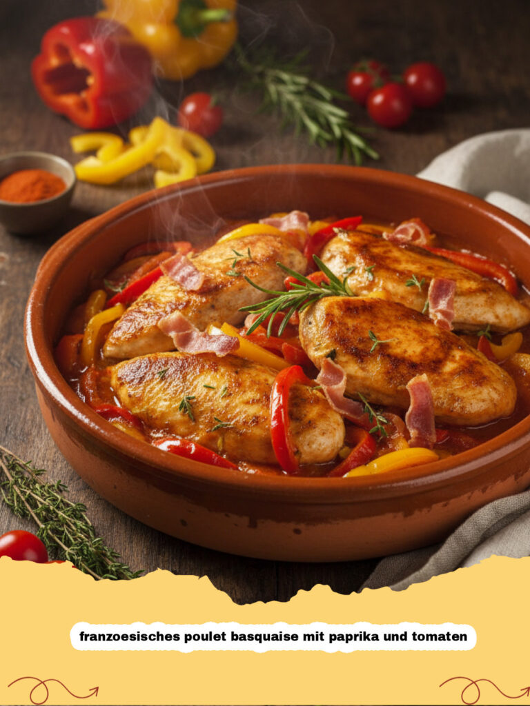 Ein Teller mit franzoesisches poulet basquaise mit paprika und tomaten serviert mit Reis